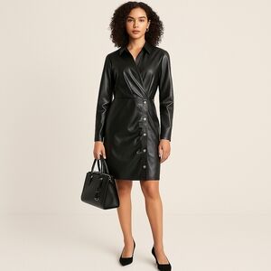 MICHAEL Michael Kors Faux Leather Shirt Dress Black Size L NWOT